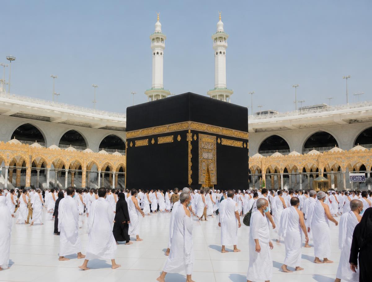 Pilgrims performing tawaf around the Kaaba at the Grand Mosque in Makkah